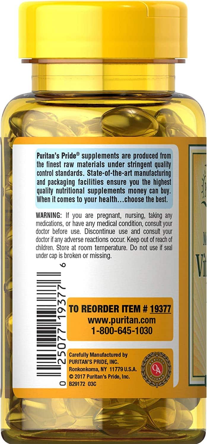 Puritan's Pride Sunvite Mega-Potency vitamīna D3 125mcg (5000 IU) 100 ātras darbības mīkstā želeja lietošana