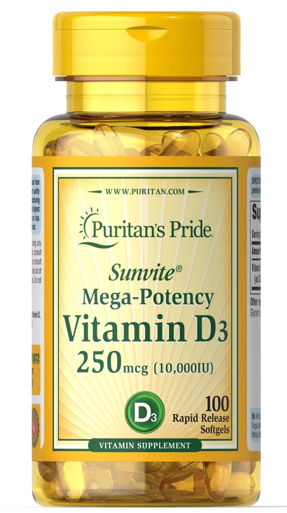 Puritan's Pride Sunvite Mega Potency Vitamin D3 250 mcg 10000 IU - 100 softgels. price promotion