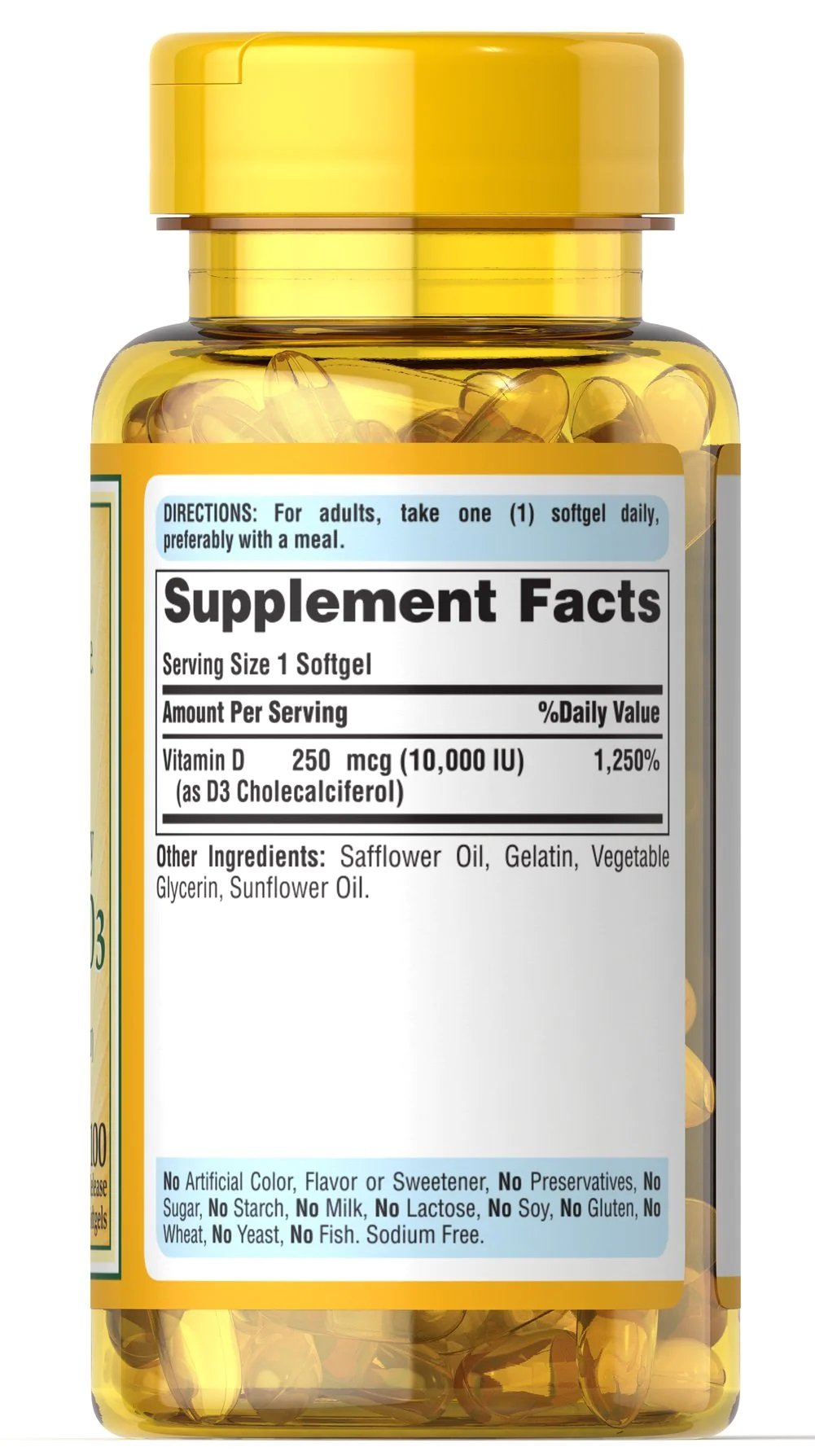 Puritan's Pride Sunvite Mega Potency Vitamin D3 250 mcg 10000 IU - 100 softgels. composition