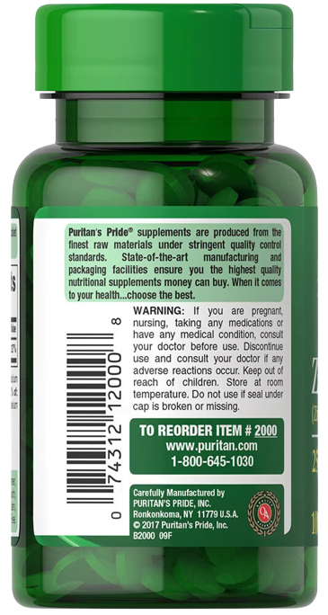 Puritan's Pride Zinc Gluconate 25mg 100 tablets cheap