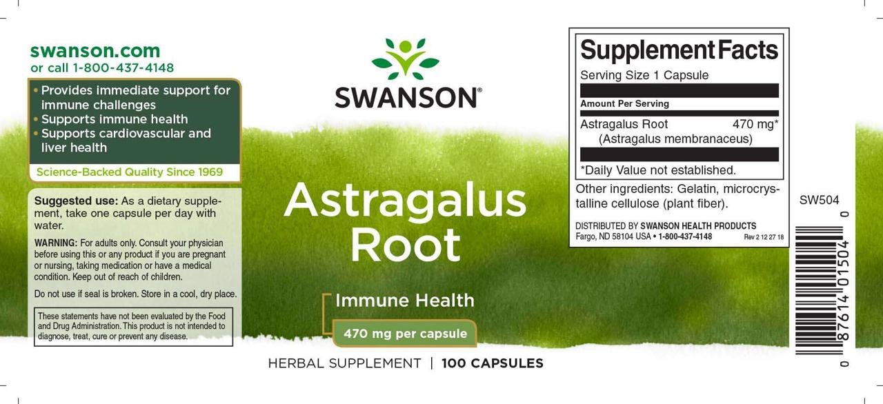 Swanson Astragalus Root 470mg 100caps label