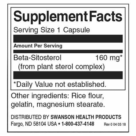 Composition of Swanson Beta-Sitosterol Maximum Strength 160 mg 60 softgels