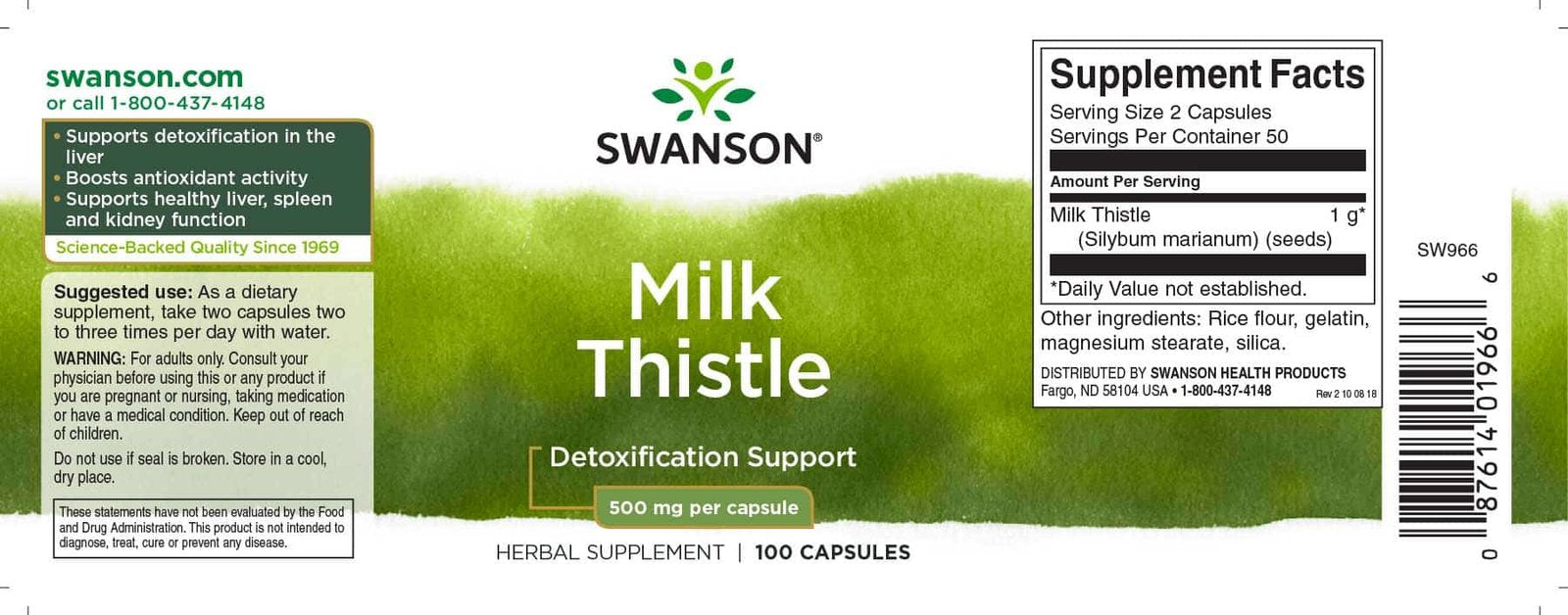 Swanson Full Spectrum Milk Thistle 500mg 30 caps label