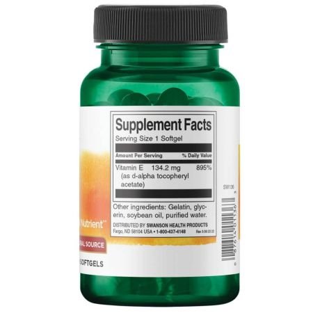 Swanson Natural Vitamin E 200IU 100 softgels cenu akcija lēts sastāvs