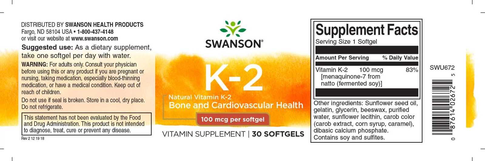Swanson Vitamin K2 100mcg 30 softgels label