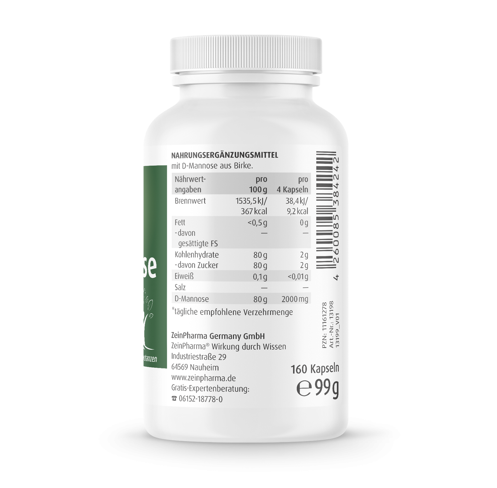 Zein Pharma Natural D-Mannose sastāvs - 500mg, 160 kapsulas