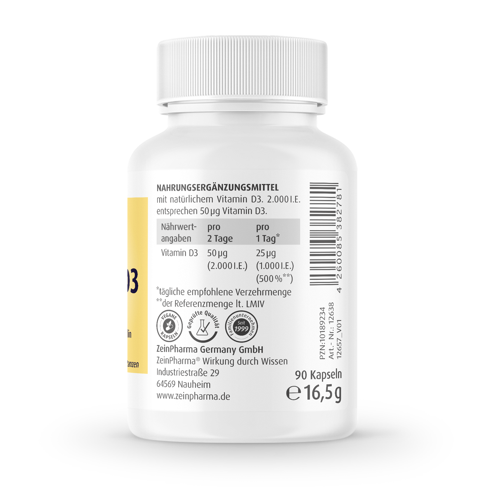 Composition of ZeinPharma Vitamin D3 2000 IU 90 caps